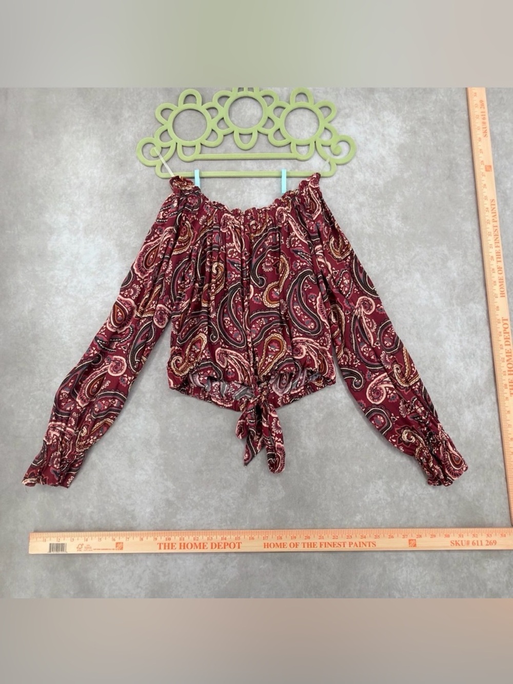 Wrangler Retro Burgundy Paisley Off-Shoulder Tie-Front Crop Top